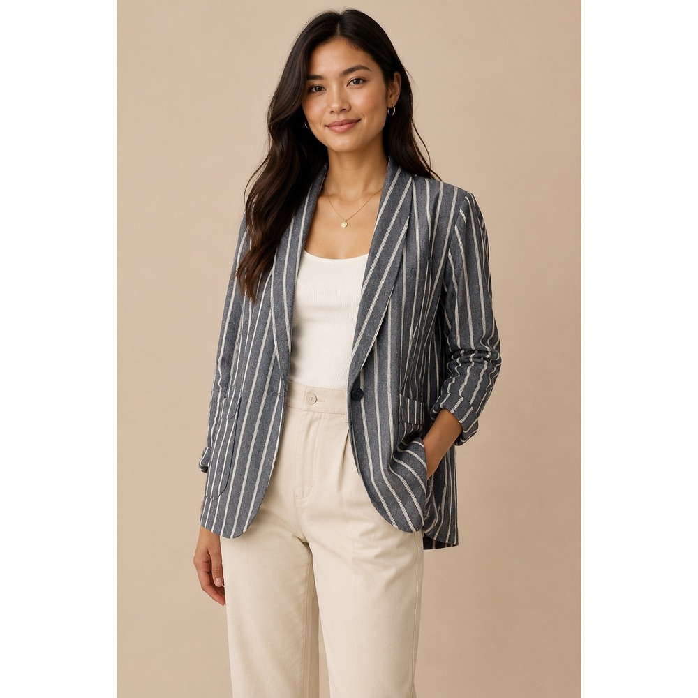 Sanctuary Blazer Women Blue Gray Striped Linen Blend Single Button Size M